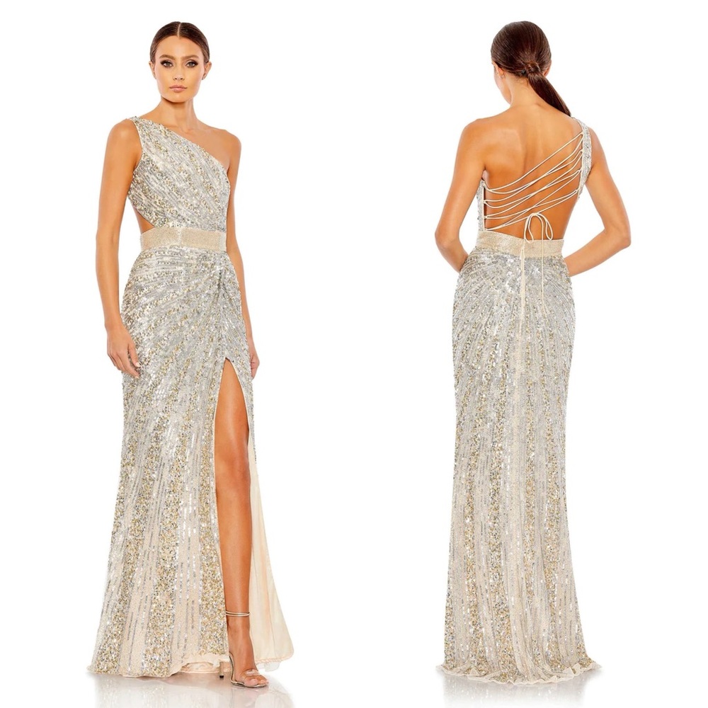 NWT Mac Duggal 5687 Sequin One Shoulder Lace Up Gown